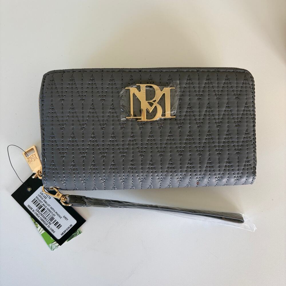Badgley Mischka Long Wallet Wristlet Phone Pocket Grey Gold NWT‎ Quiet Luxury